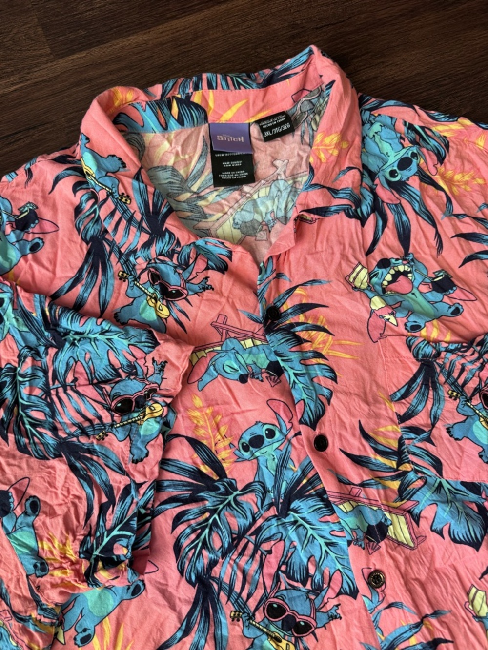 Disney Mens Shirt Stitch Camp Button Up 3XL Pink Floral Hawaiian Tropical